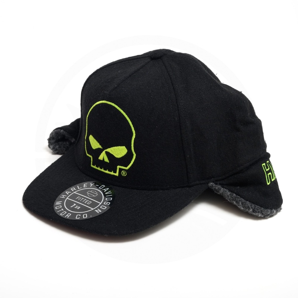 Harley Davidson Willie G Skull Biker Flap Winter Hat Black Fitted 7 3/8 Medium
